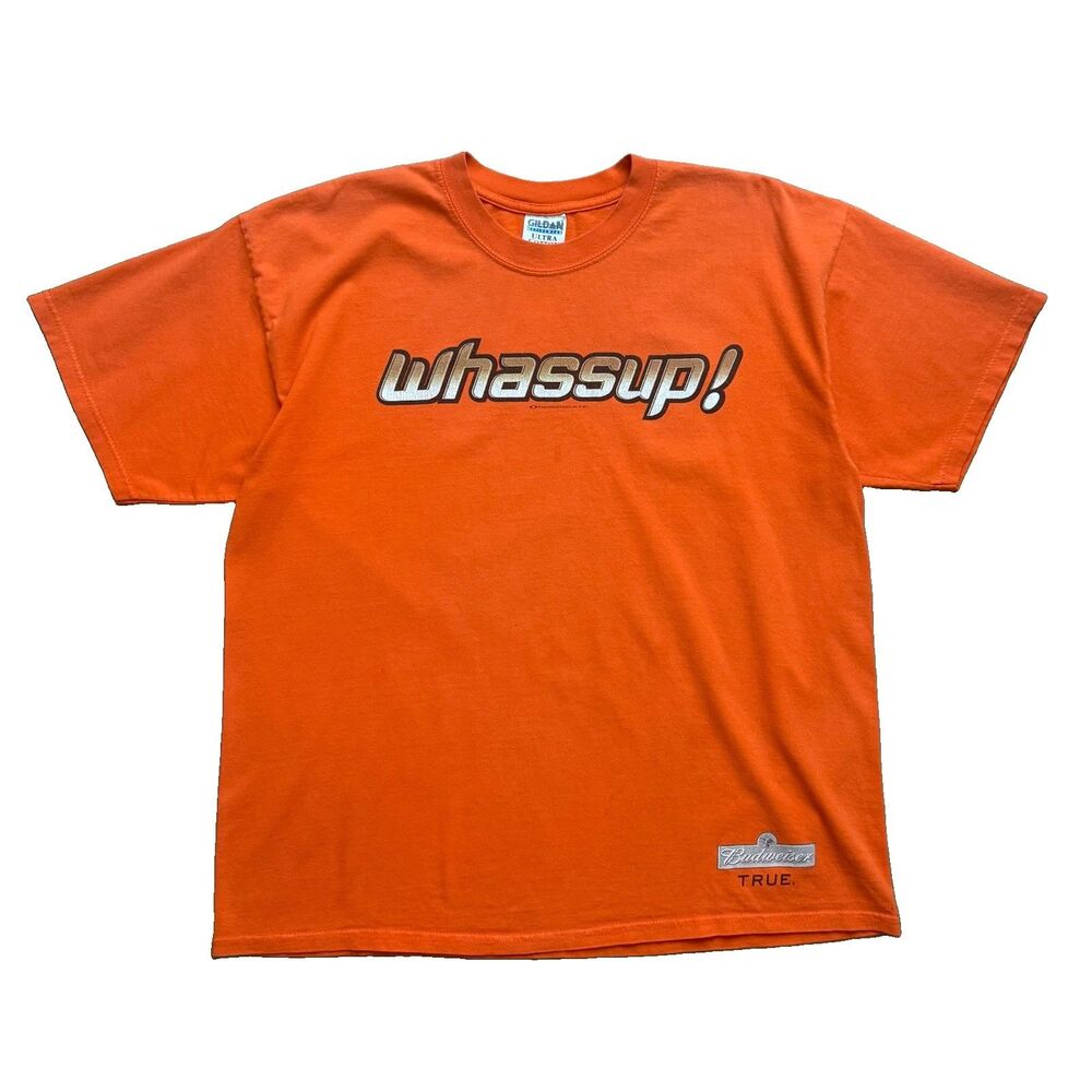 Vintage Budweiser Whassup Shirt Mens XL Orange Beer Promo 90s Y2K Busch 2002
